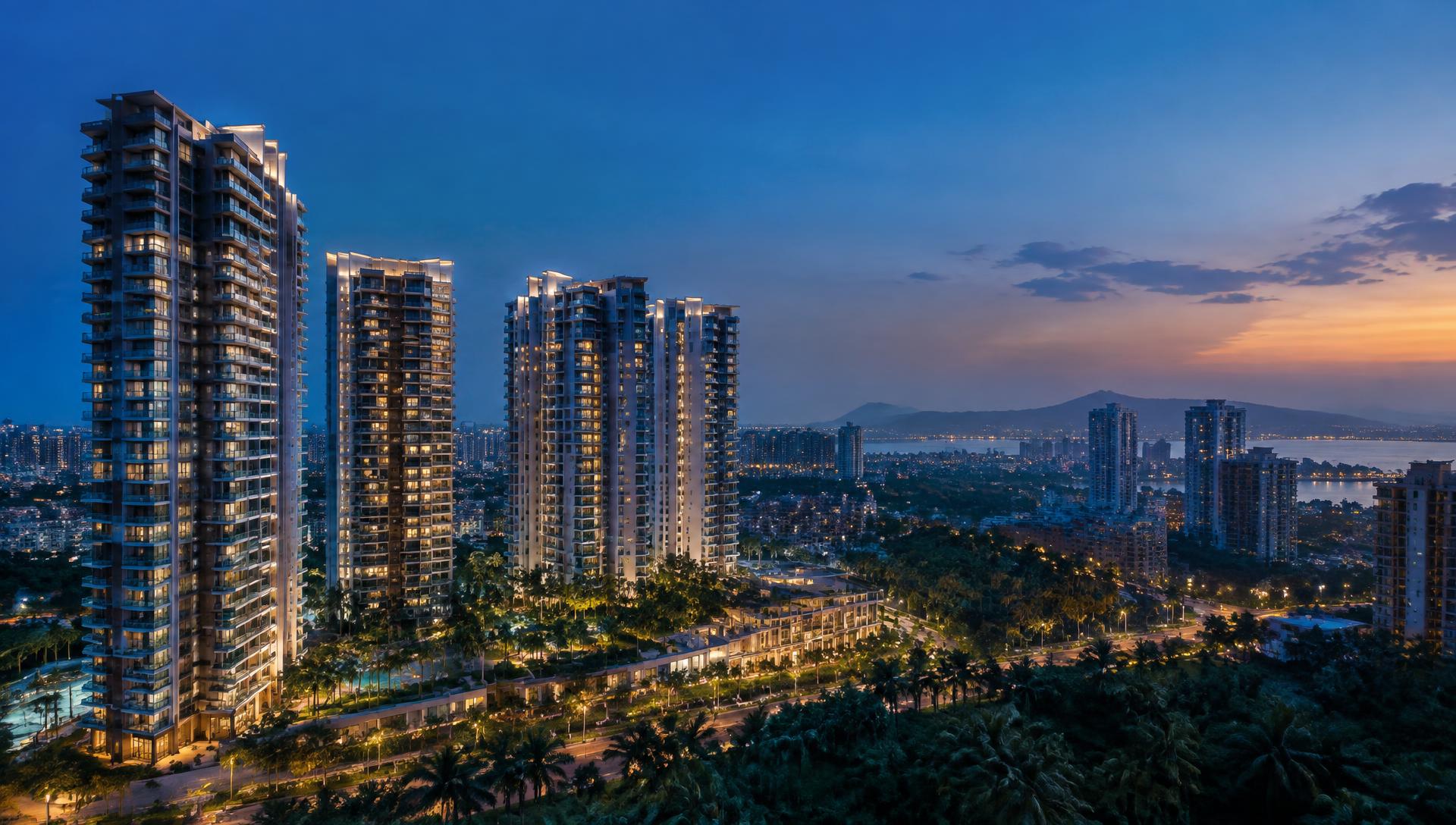 New residential towers in the Navi Mumbai skyline at dusk