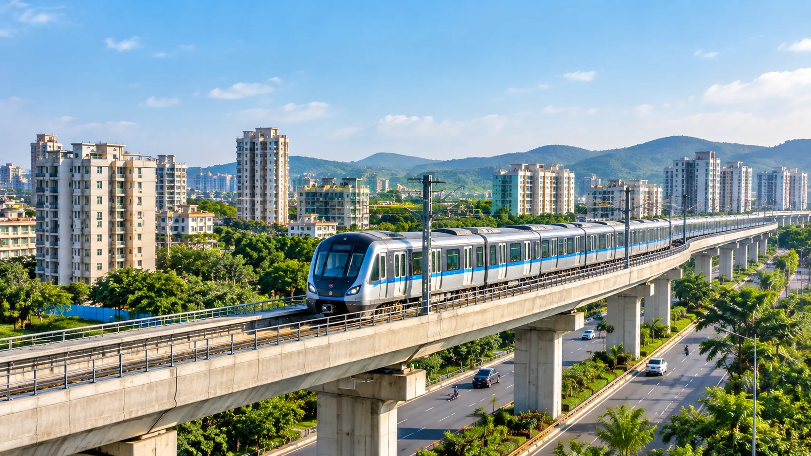 Cover image ALT text                Mumbai Metro Line 12A elevated metro corridor connecting Taloja and Kalyan-Dombivli with modern residential buildings in Nav